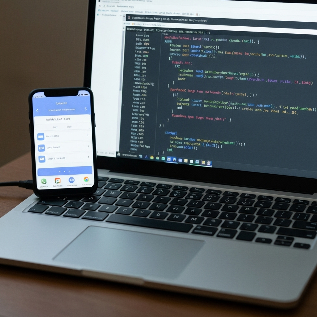 Test automation setup with laptop and mobile device